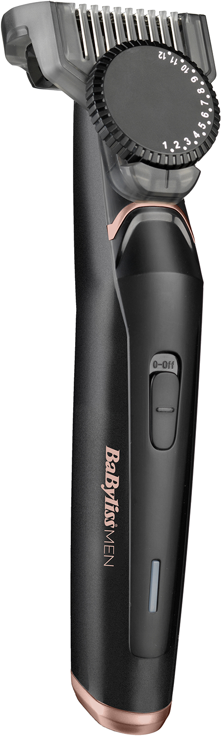 Black Babyliss Men beard trimmer with adjustable length settings and a power button. Rose gold accents.