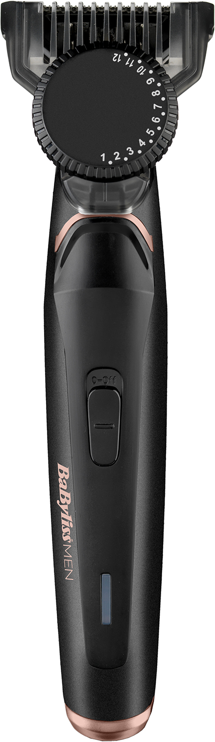 Black and rose gold trimmer, dial with numbers, and a power button. The background is white.