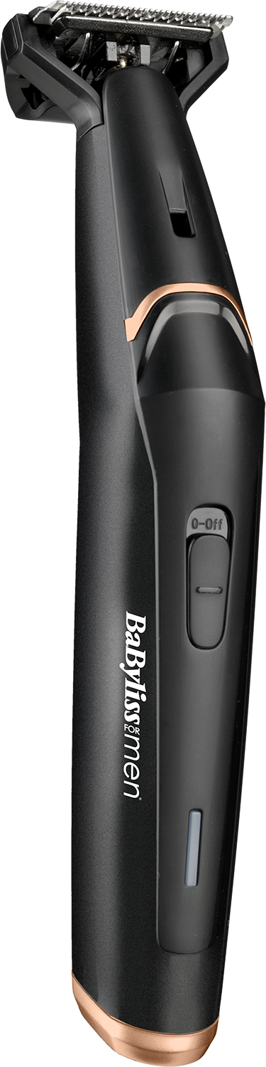 Black and bronze Babylissmen trimmer with a power button, against a black background.