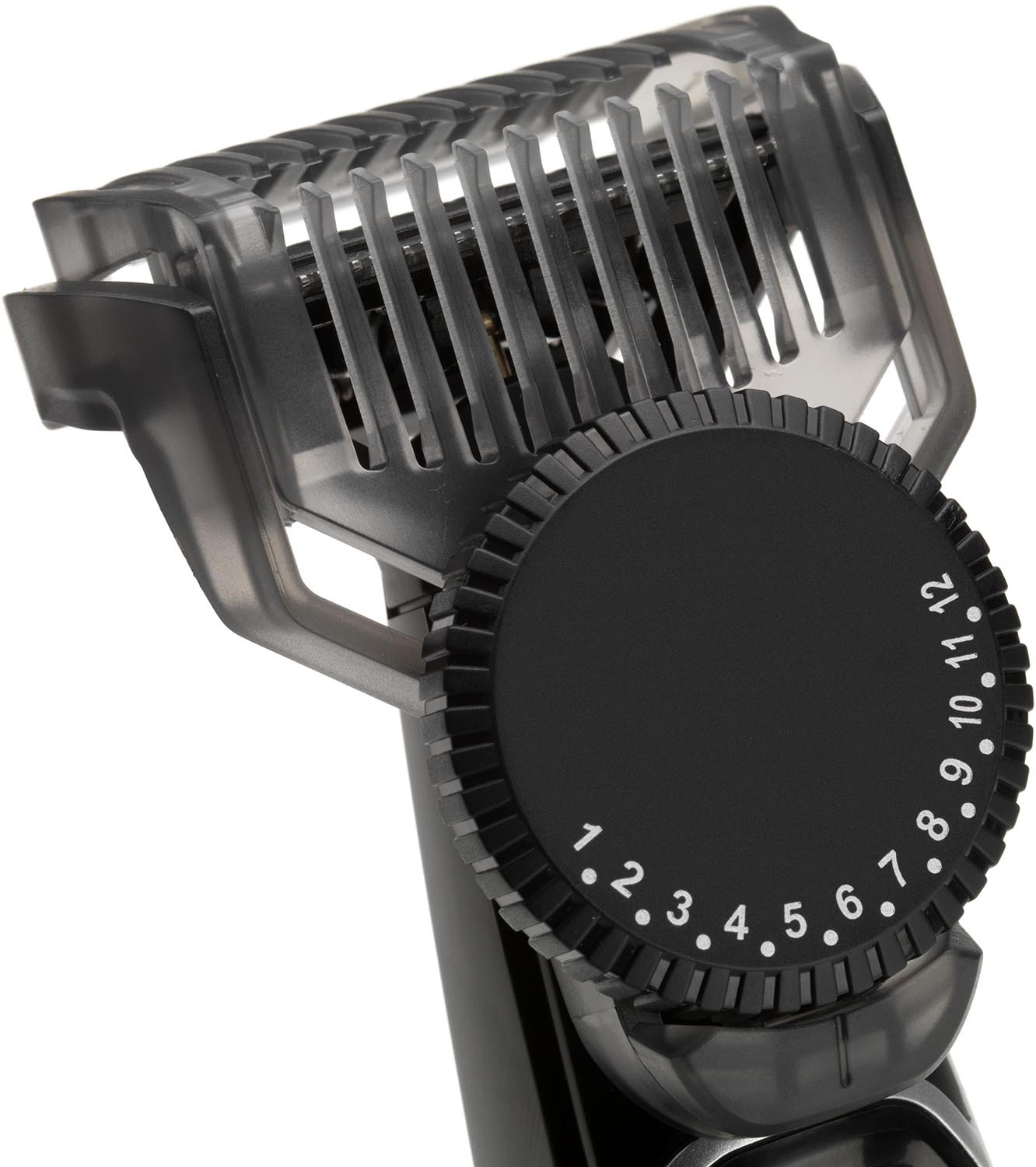Close-up of a beard trimmer. Black with a numbered dial and clear plastic guard.