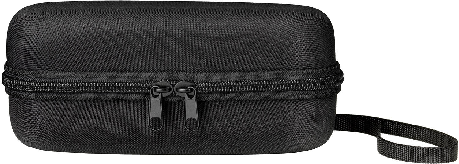 Black, zippered, rectangular case with a handle. White background.