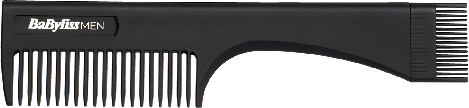 Black BaBylissMEN comb with fine teeth and brand name on it.