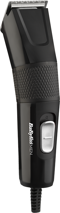 Zwarte elektrische tondeuse. Zwarte handgreep met getextureerde grip, witte aan/uit-knop en mesjes.