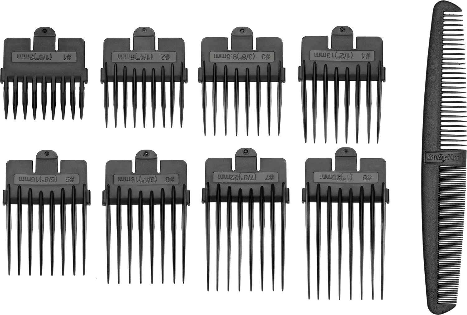 Een set zwarte tondeuse opzetkammen van verschillende maten, naast een zwarte kam. Getallen geven de maten aan.