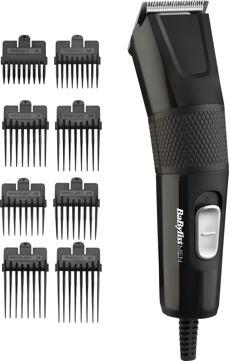 Zwarte Babyliss heren tondeuse met kamopzetstukken en een netsnoer.