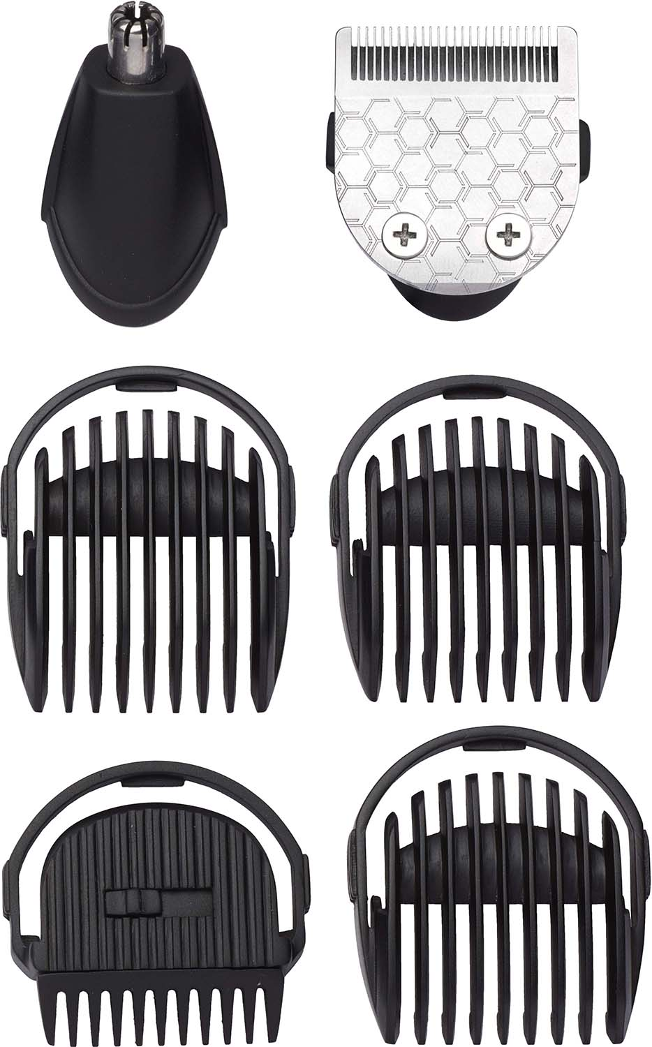 Accessoires voor een trimmer: mesjes, geleiders en een neushaartrimmerkop.