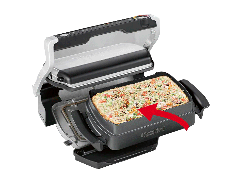 An open, black Tefal OptiGrill with a pizza inside. The red arrow points to the pizza.