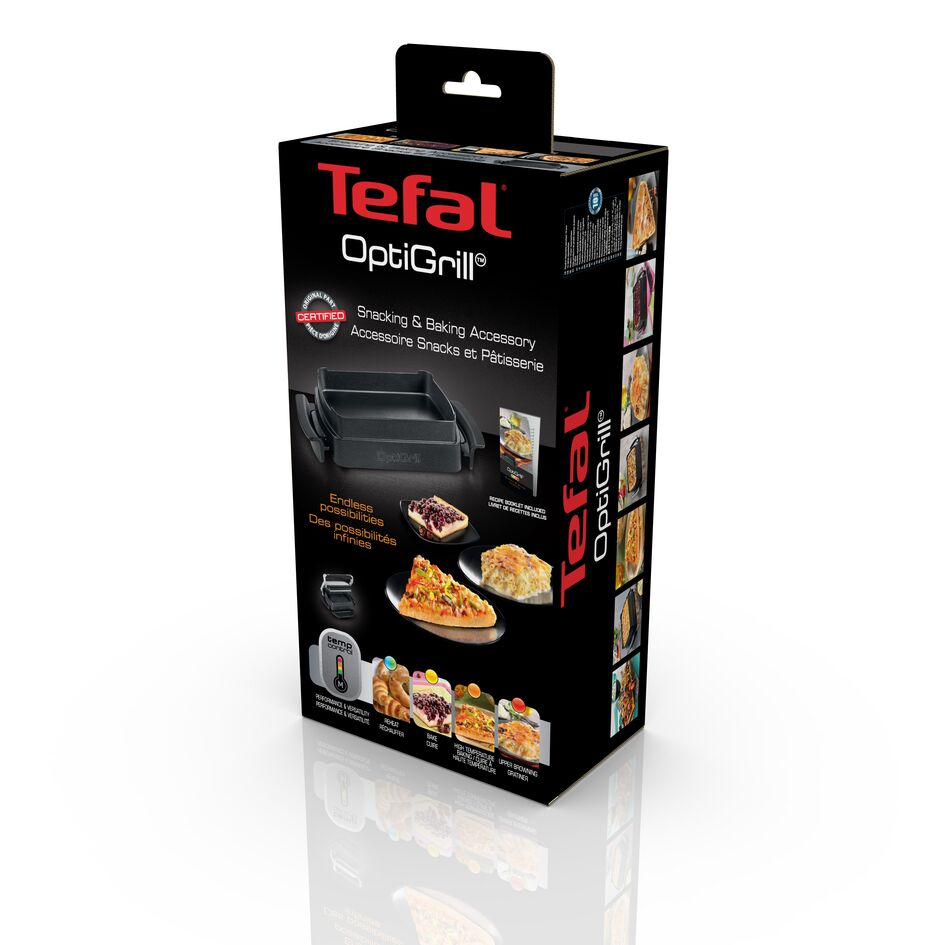 Black box with a Tefal OptiGrill, showcasing a grilling accessory, with images of food.