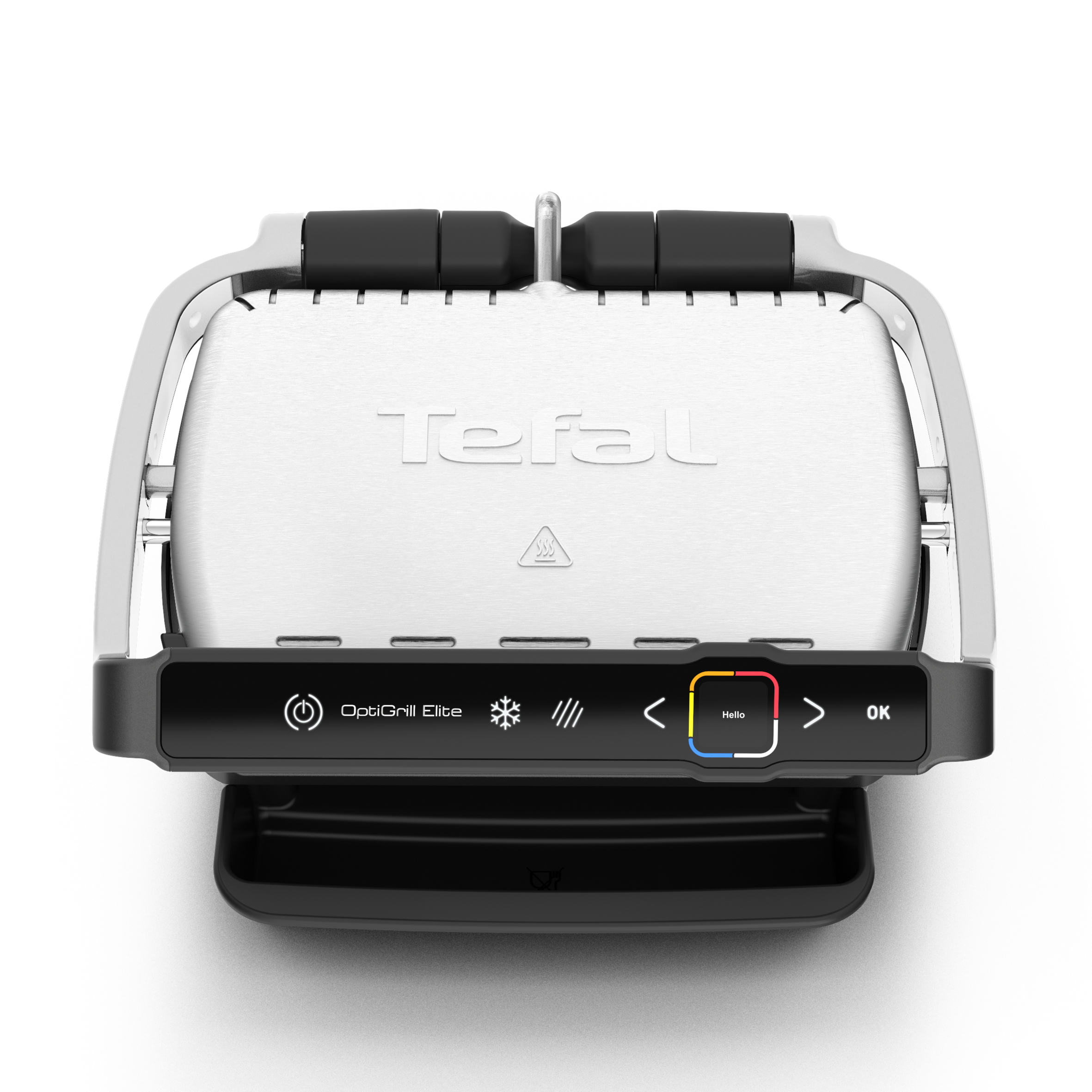 Een witte en zwarte OptiGrill Elite met een digitaal display met 'Hello'.