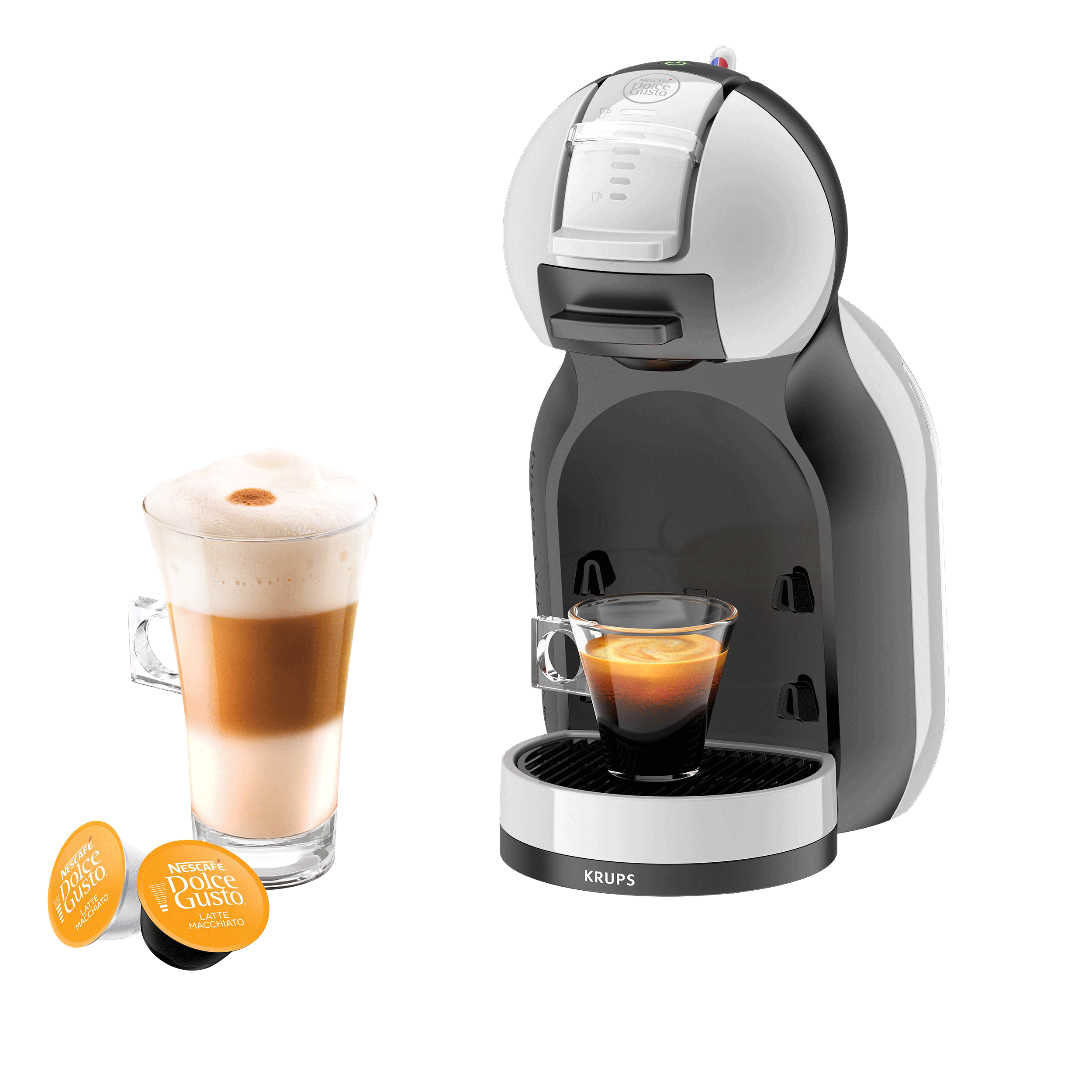 Krups Dolce Gusto koffiemachine. Zwart-wit ontwerp. Latte Macchiato en capsules.