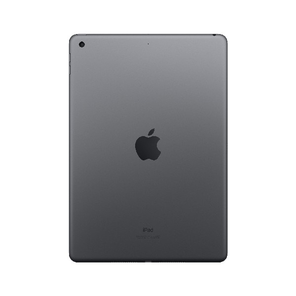 Vista trasera del iPad, color gris con el logo de Apple. Diseño simple. Fondo blanco limpio.