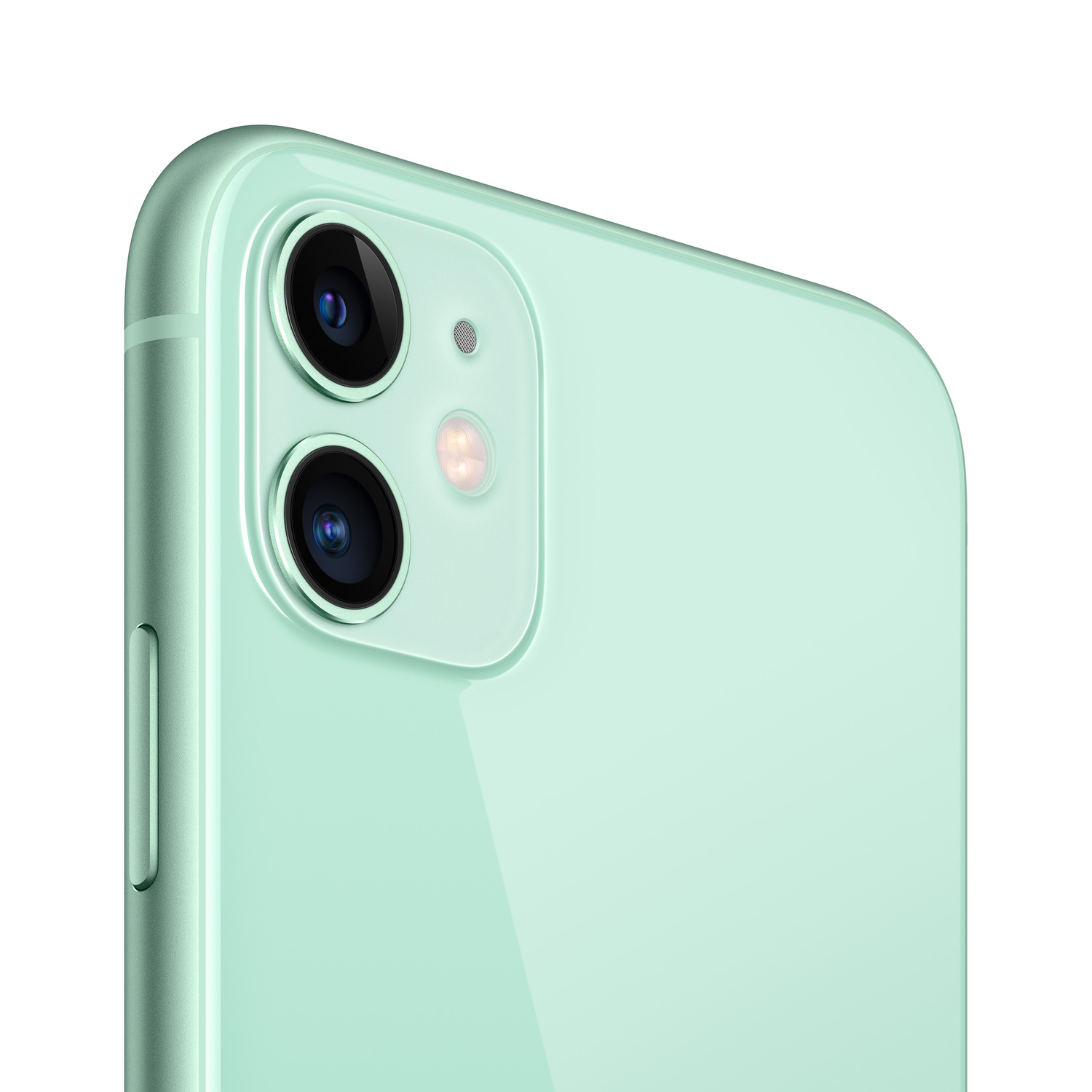 Primer plano de la parte trasera de un iPhone 11 verde menta, mostrando las lentes de la cámara.