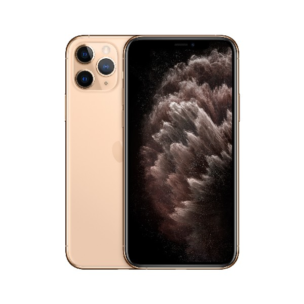Un iPhone 11 Pro dorado con tres cámaras en la parte trasera y la pantalla encendida.