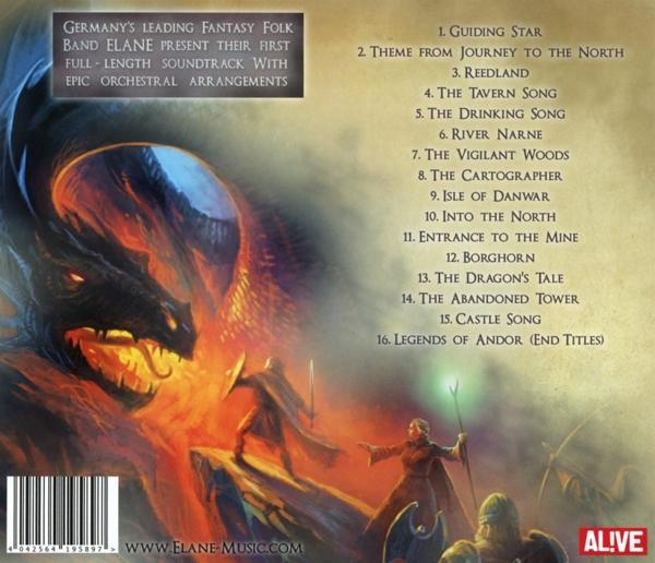 Rückseite einer CD mit Fantasy-Kunst, Text und Trackliste. Es ist ein Musikalbum.