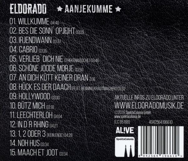 Rückseite eines deutschen Albums mit Titelliste und Text, schwarzer Hintergrund.