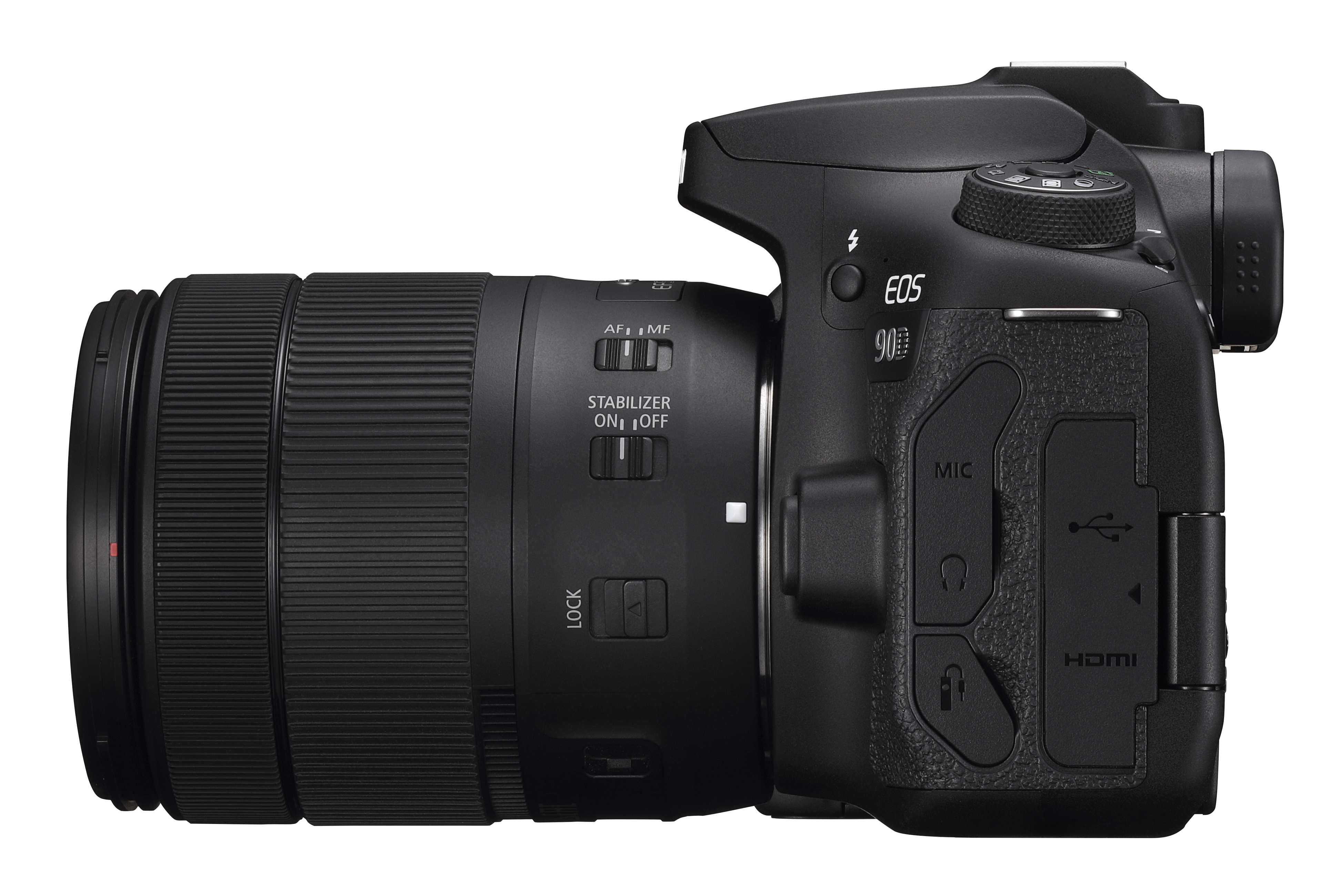 Black Canon camera with lens attached, side view, on a white background.
