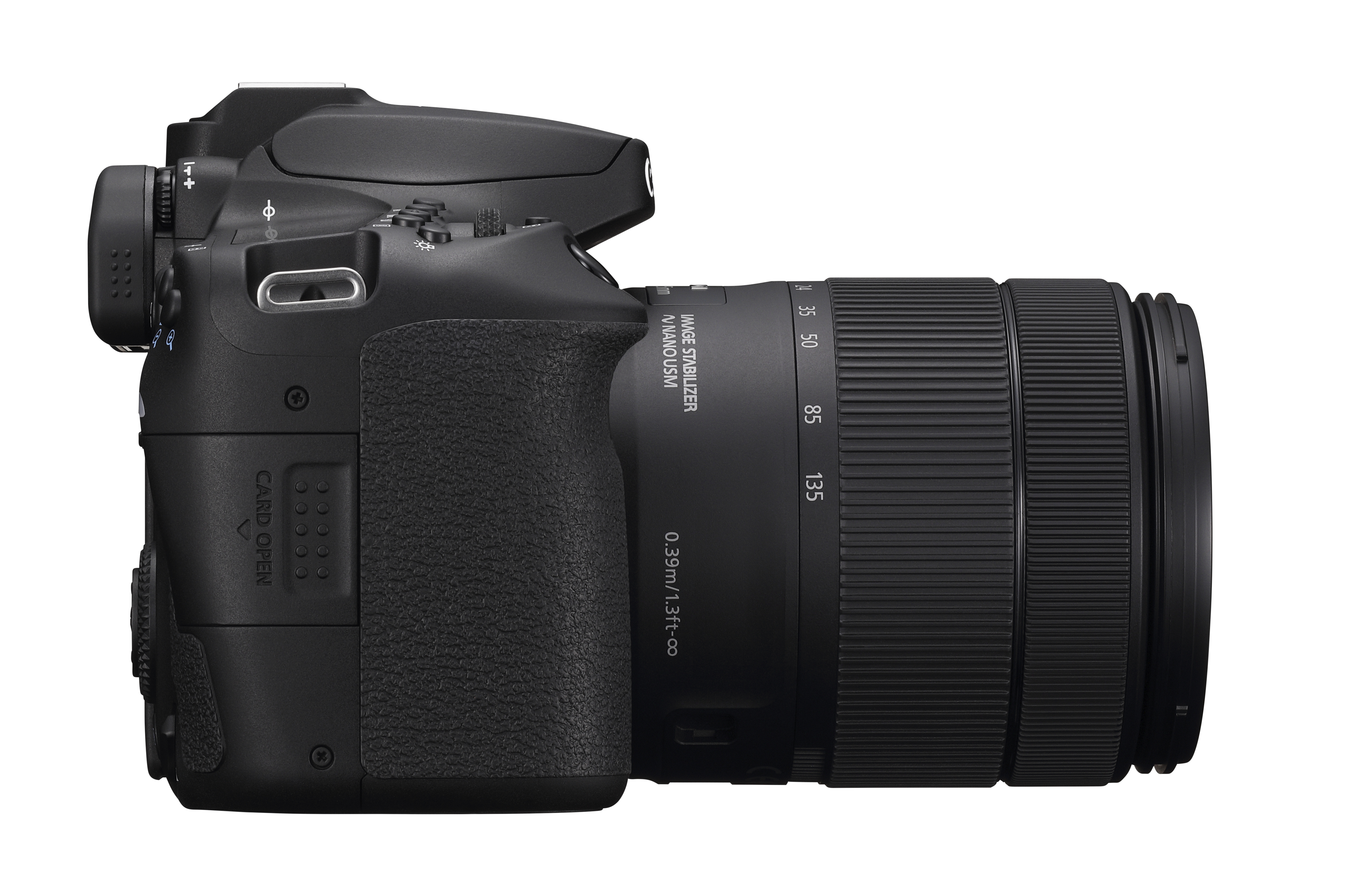 Black camera, side view, with lens and buttons, isolated on a white background.