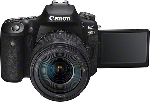 A black Canon EOS 90D camera with a lens and an open display screen.