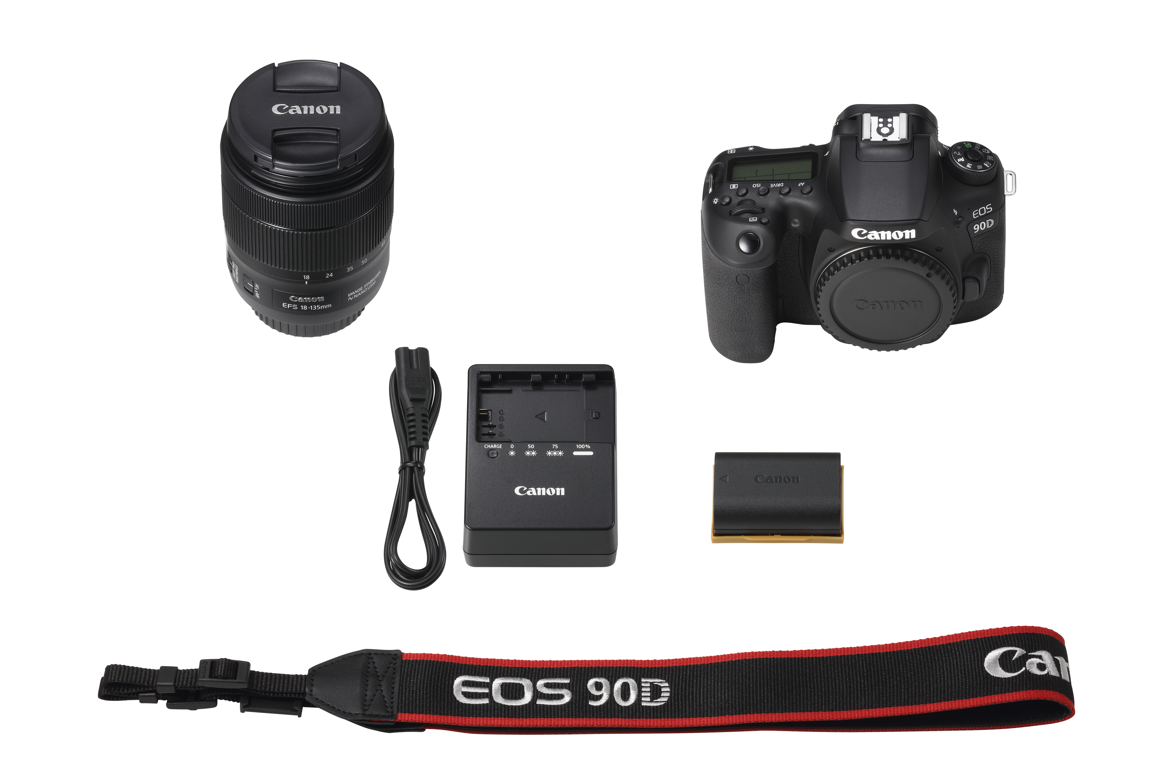 Canon EOS 90D camera and accessories. Includes lens, charger, battery, strap, and a black body.