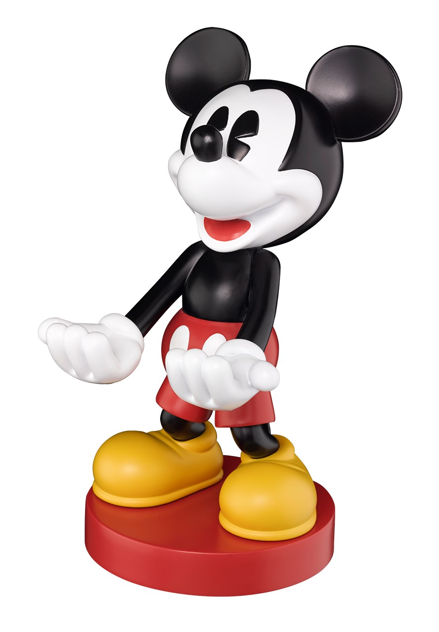 Micky Maus Figur in klassischer Pose, auf roter Basis, weißer Hintergrund.