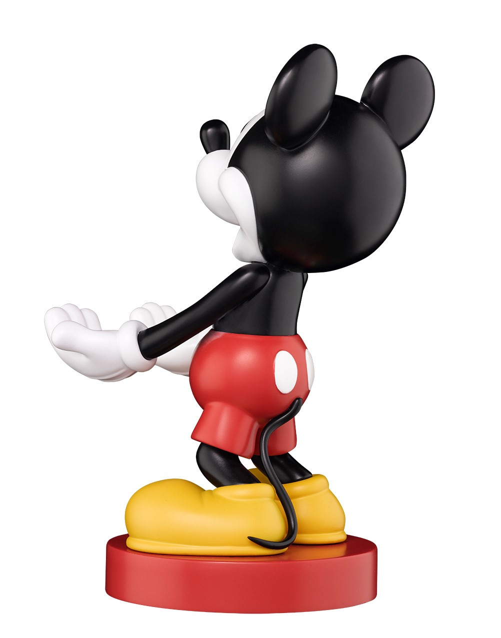 Seitenansicht einer Mickey-Mouse-Figur in klassischem Rot, Weiß und Schwarz.