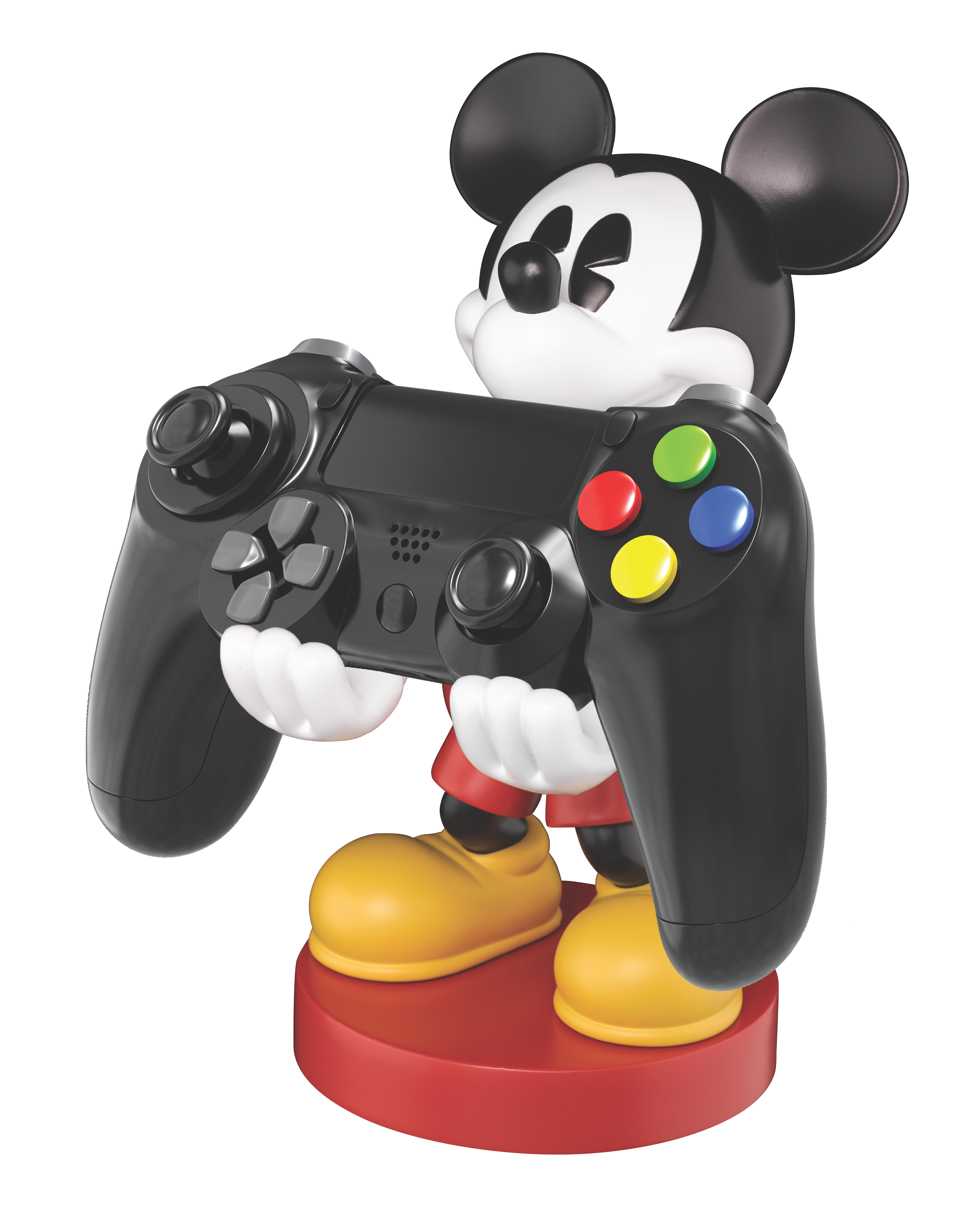 Mickey Mouse Figur hält einen schwarzen Gamecontroller. Roter Sockel und gelbe Schuhe.