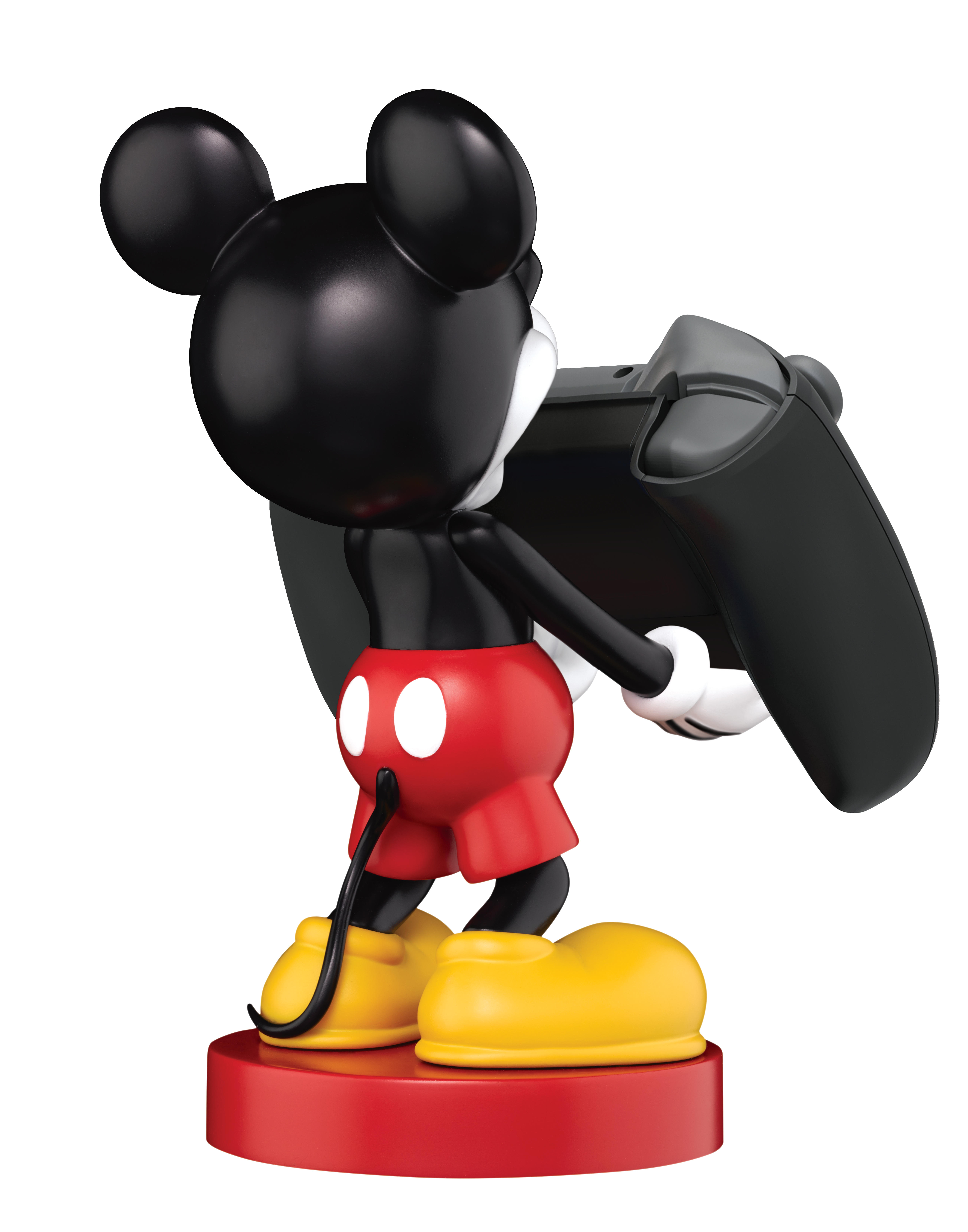Eine Mickey Mouse-Figur, die einen schwarzen Gamecontroller auf roter Basis hält.