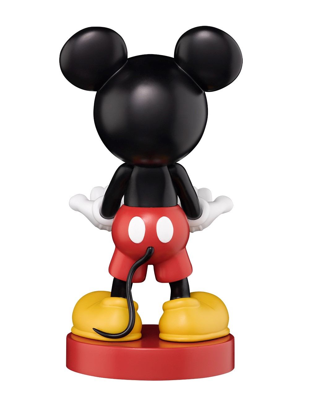 Rückansicht einer Micky Maus Figur. Rote Shorts, gelbe Schuhe, schwarzer Körper und Ohren.