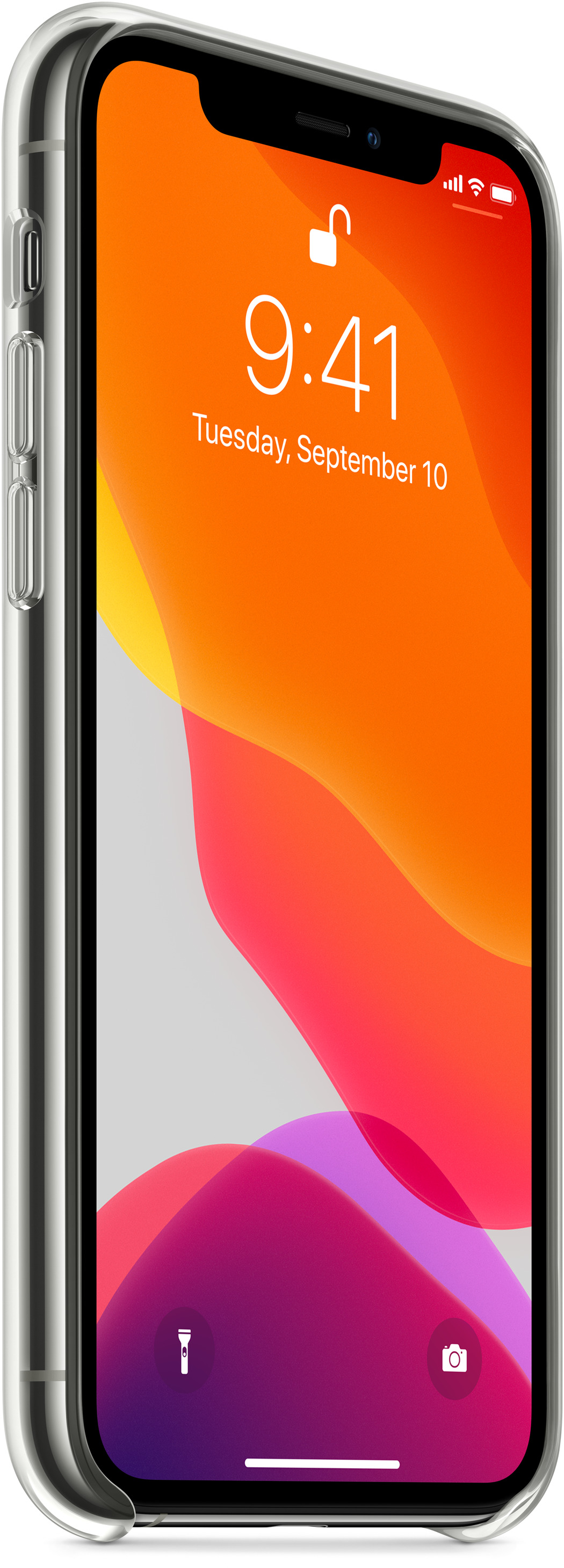 Nahaufnahme eines iPhones mit durchsichtiger Hülle. Der Bildschirm zeigt Uhrzeit und Datum.