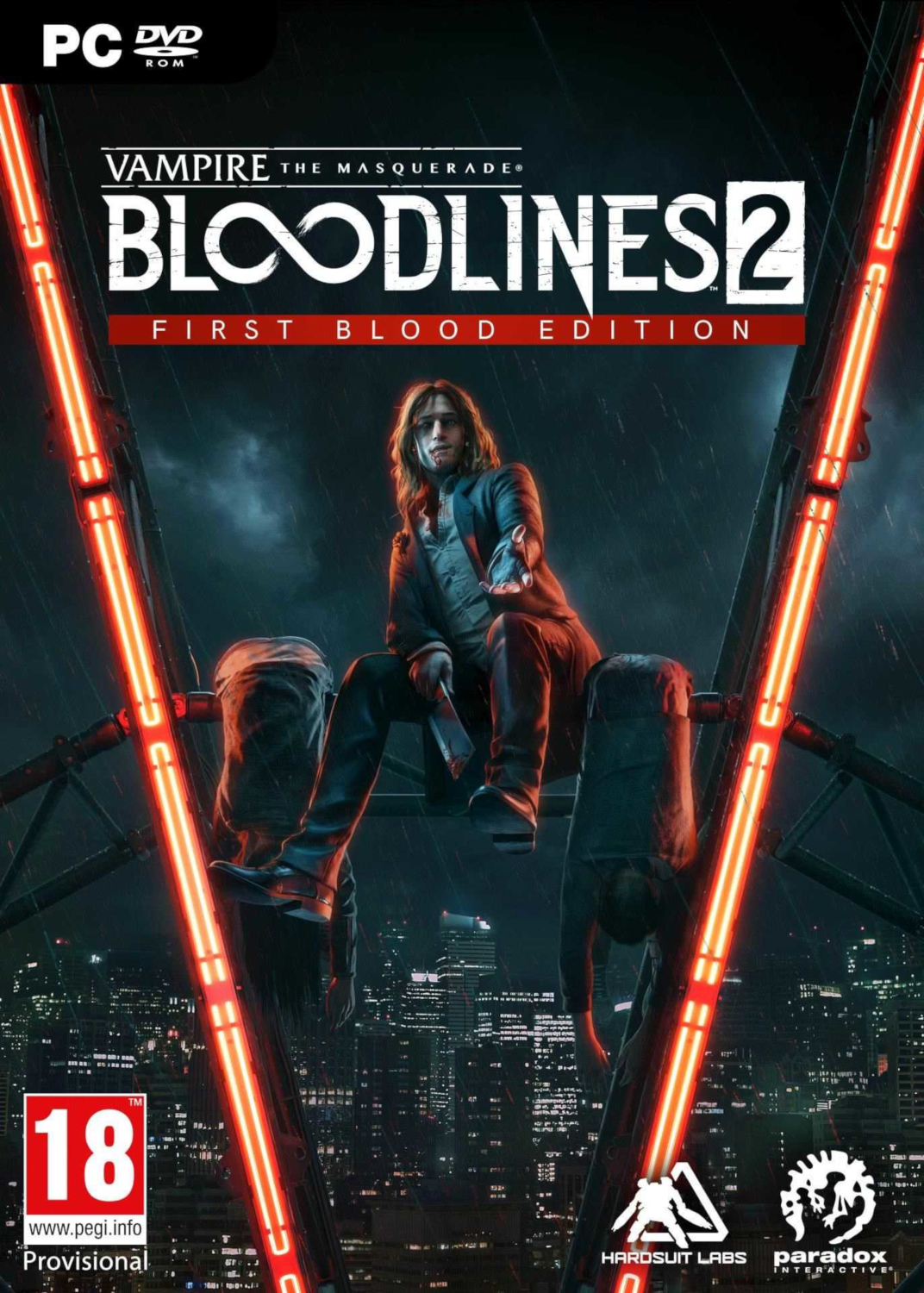 Un homme avec un couteau est assis sur une structure. Le titre du jeu 'Vampire: The Masquerade - Bloodlines 2' est visible.