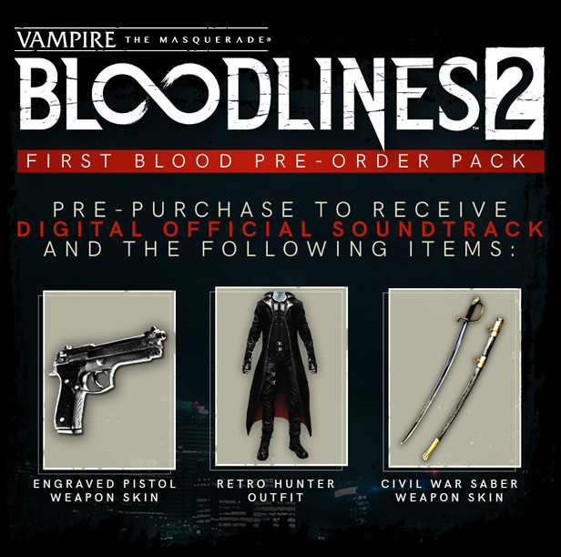 Image promotionnelle pour Vampire: The Masquerade - Bloodlines 2, montrant les bonus de précommande : un skin de pistolet, une tenue de chasseur et un skin de sabre.
