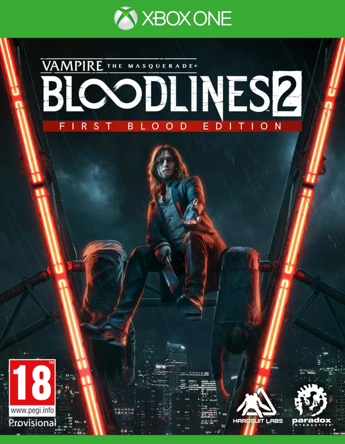 Jaquette de jeu pour Vampire: The Masquerade - Bloodlines 2. Un vampire assis sur une structure, ville en arrière-plan.