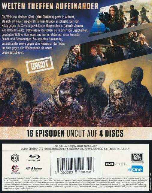 Die Rückseite eines Fear the Walking Dead Blu-ray-Gehäuses mit einer Zombieszene und Text.