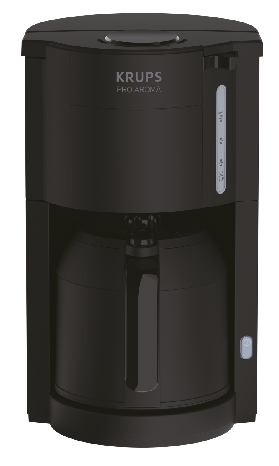 Black coffee maker with a carafe, water level indicator, and Krups Pro Aroma branding.