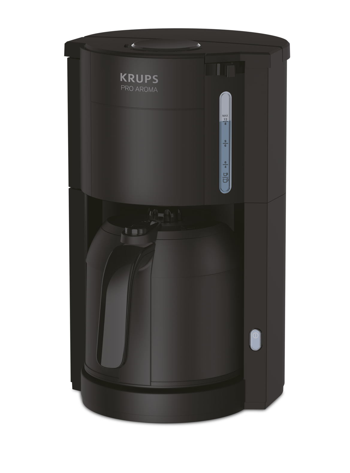 Black KRUPS Pro Aroma coffee maker with a carafe, on white background.
