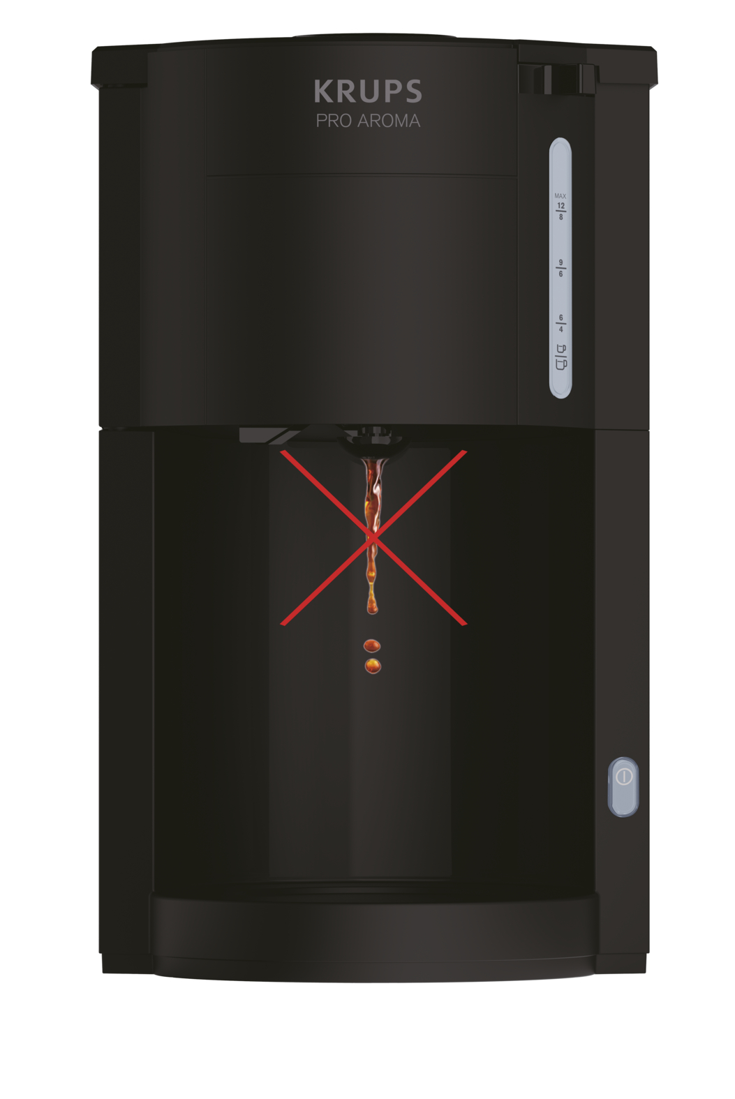 Black Krups Pro Aroma coffee maker. Red cross over the coffee drip area. Coffee is not flowing.