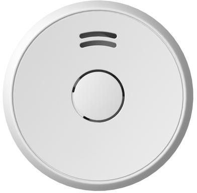 Détecteur de fumée blanc avec deux fentes horizontales et un bouton central.