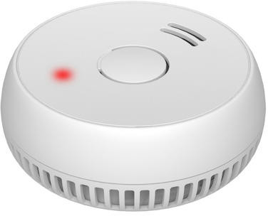 Détecteur de fumée blanc et rond avec voyant rouge. Il a des aérations et un bouton.