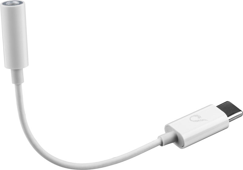 Ein weißer USB-C-auf-3,5-mm-Audioadapter. Das Kabel ist gebogen und weiß.