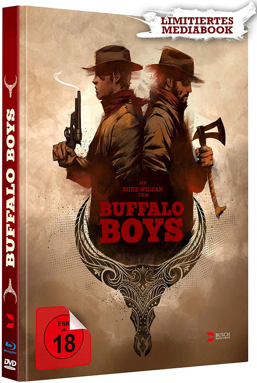 DVD-Hülle für den Film 'Buffalo Boys'. Zwei Cowboys mit Waffen.