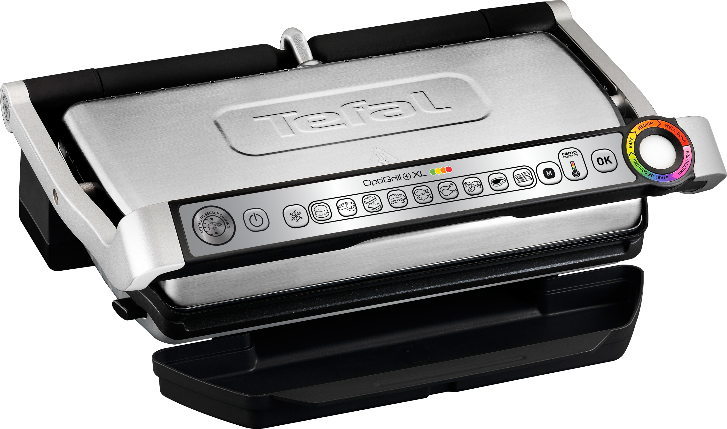 Silberner und schwarzer Tefal OptiGrill XL. Digitalanzeige und Bedienfeld sichtbar.
