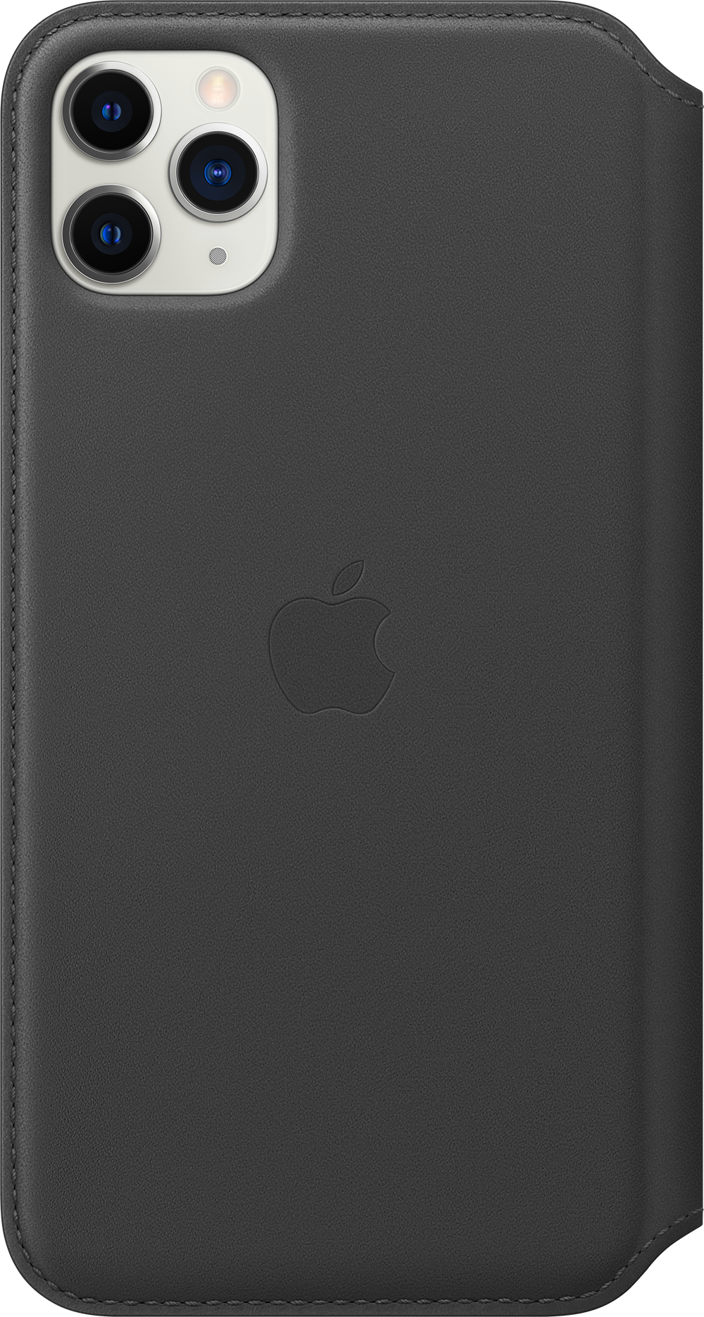 Grijze leren iPhone hoesje met Apple logo. Het heeft een uitsparing voor drie camera's en een leren overslag.