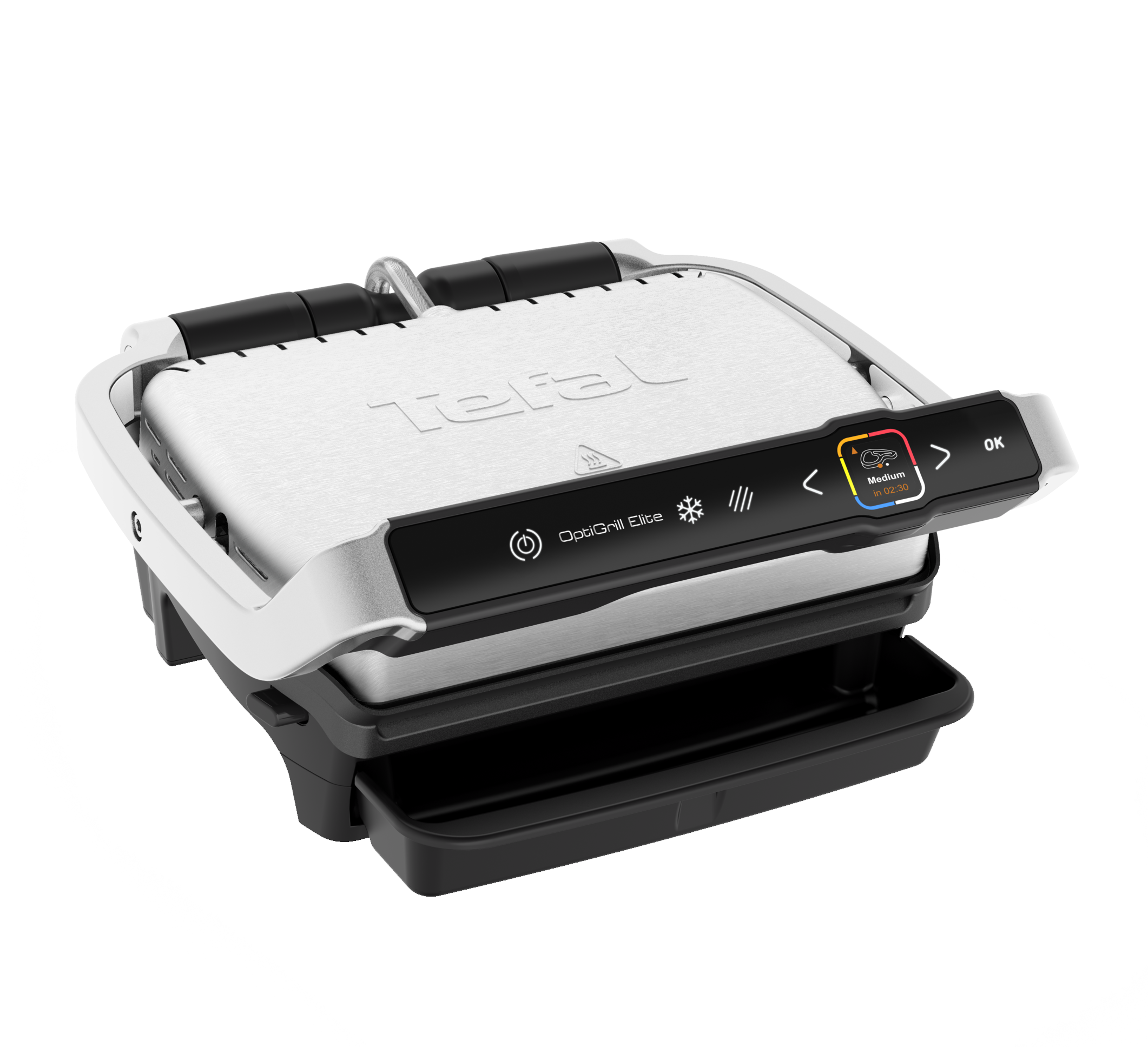 Tefal OptiGrill Elite, een zilveren en zwarte elektrische grill met een digitaal display.