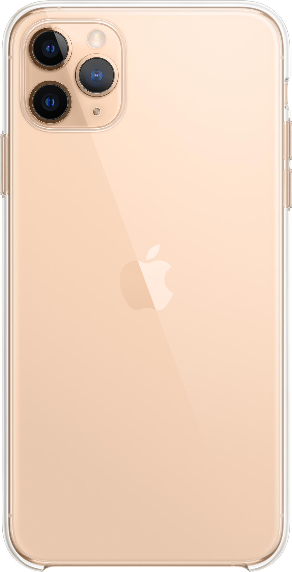 Back of a gold iPhone 11 Pro with a clear case. The camera is at the top left corner.