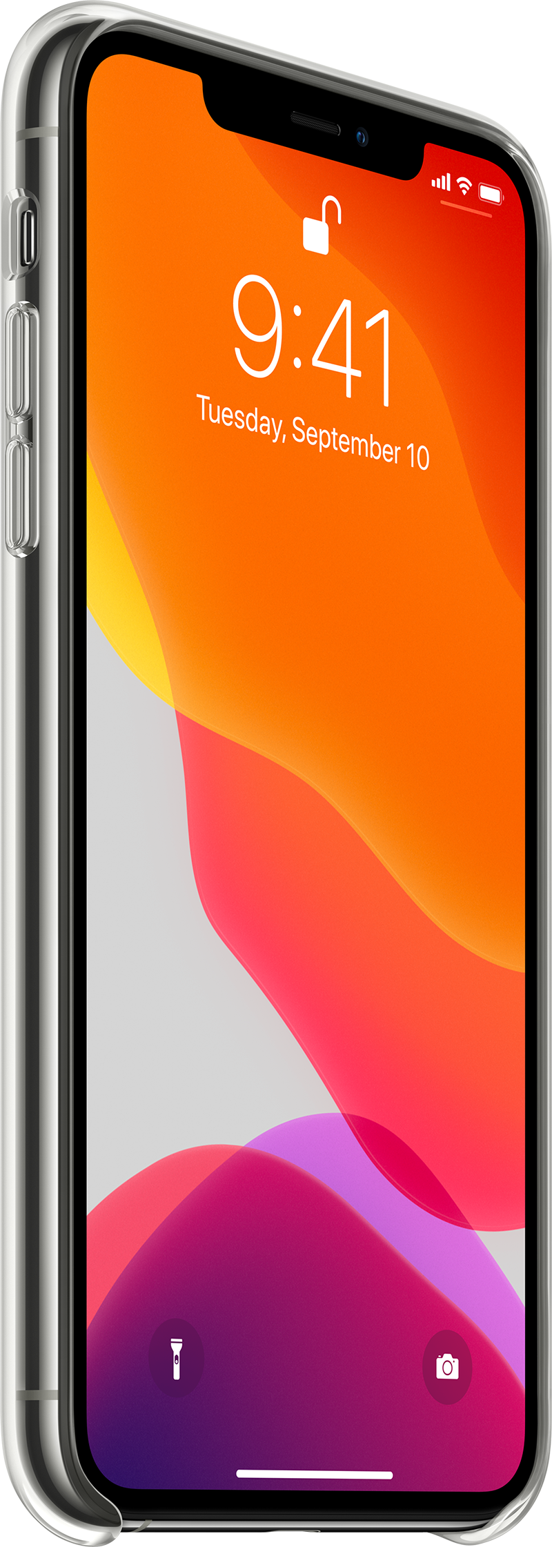 iPhone in silver case, showing a colorful wallpaper with the time 9:41 and a lock screen.