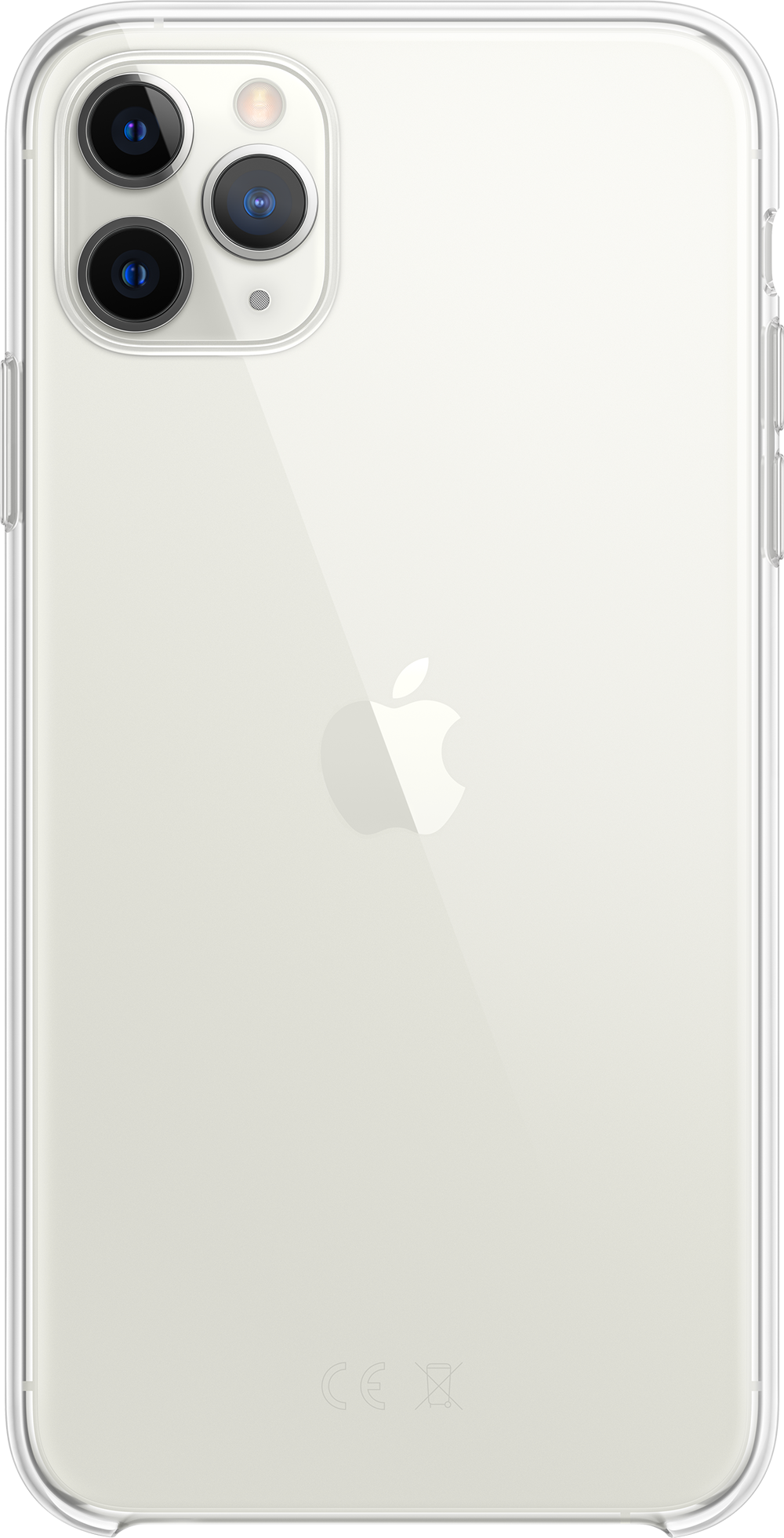 Back of a clear iPhone with a case, showing the Apple logo and camera.
