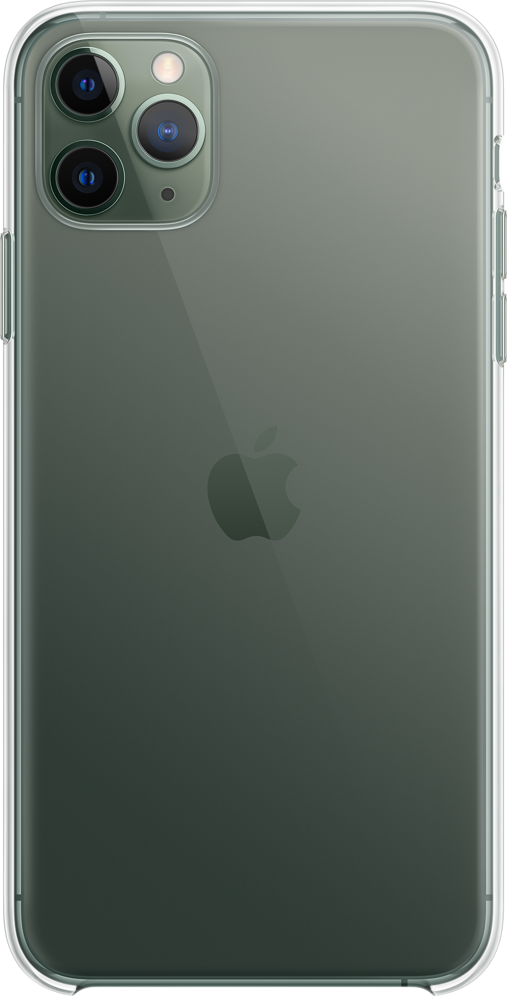 iPhone 11 Pro, back view. Green color with a transparent case. Apple logo visible.