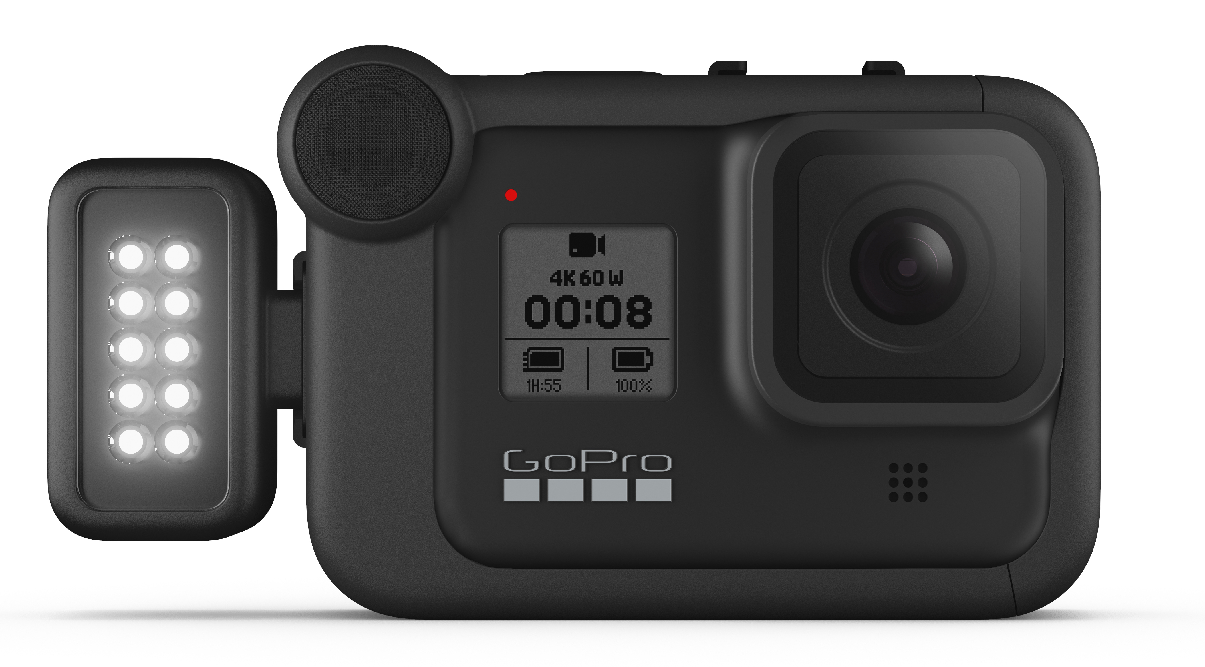 Black GoPro camera with a light attached, showing a display.