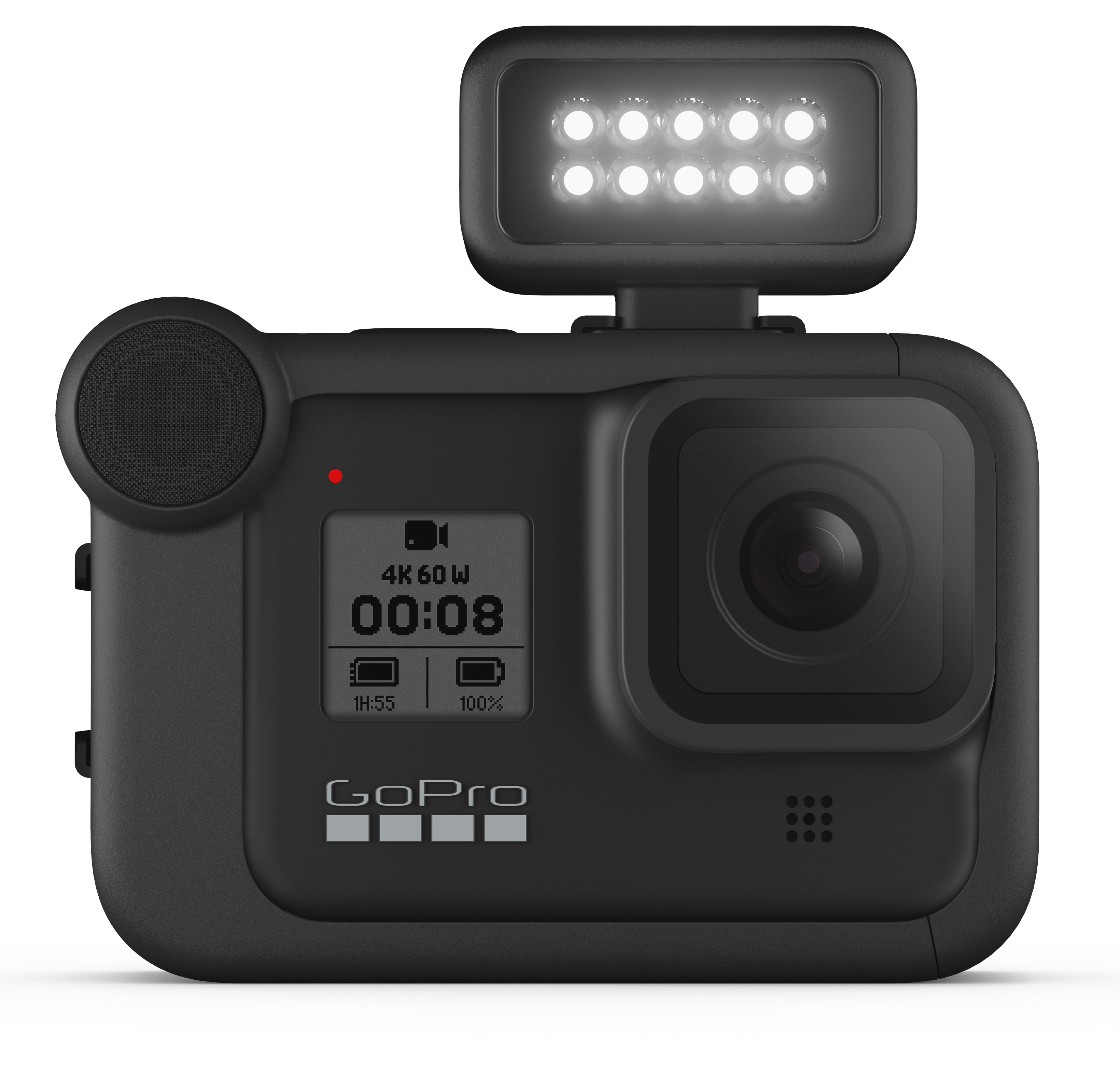 Black GoPro camera with a light attachment. It has a screen displaying video information.
