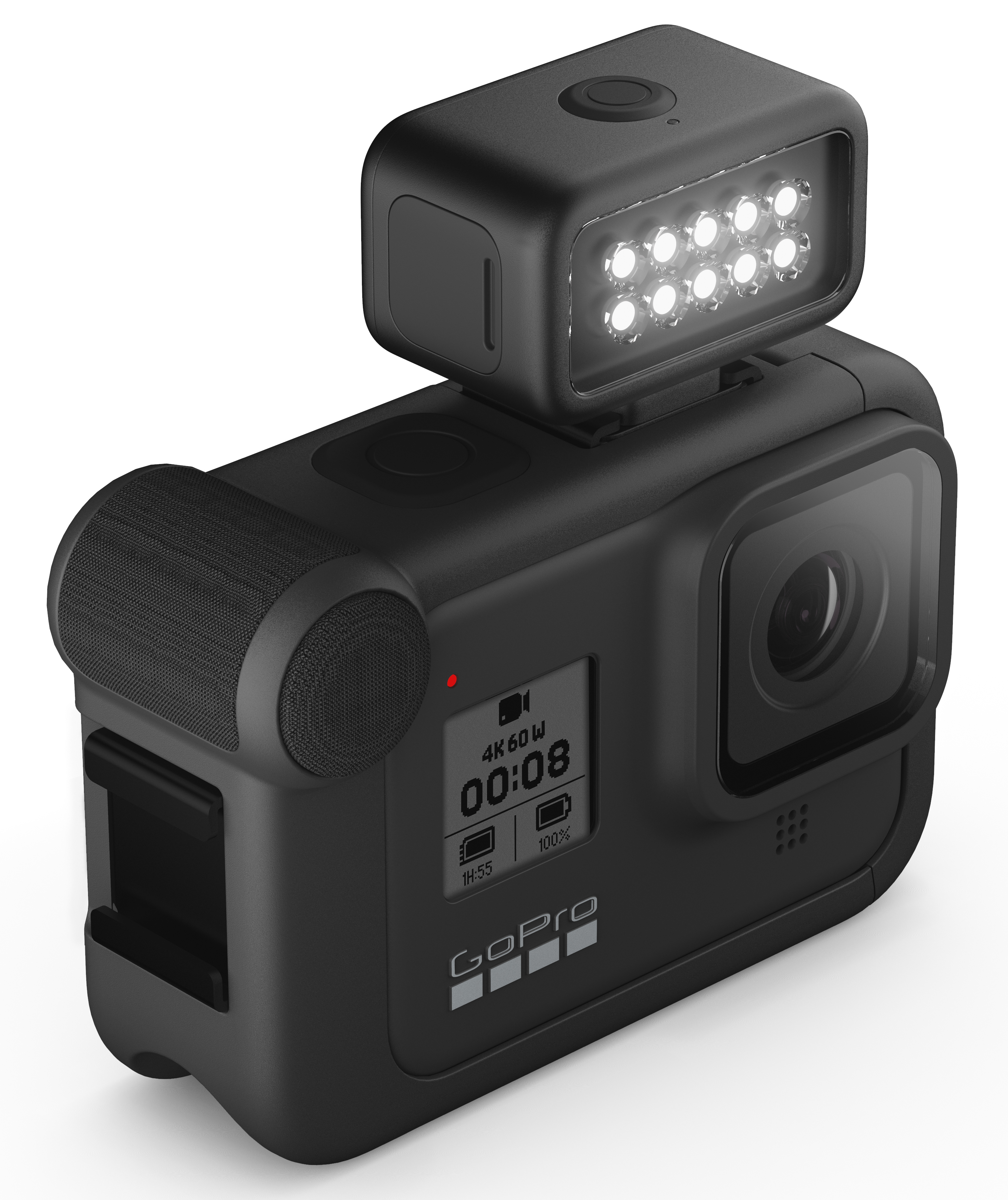 Black GoPro camera with attached light, screen displaying info. White background.